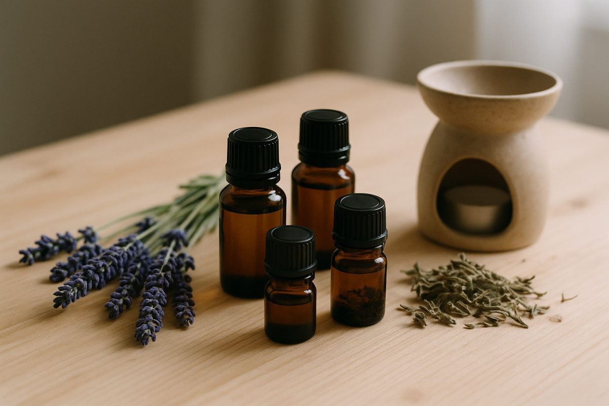 Dunkle Fläschchen mit ätherischen Ölen, frischer Lavendel und ein Keramik-Diffusor auf einem hellen Holztisch