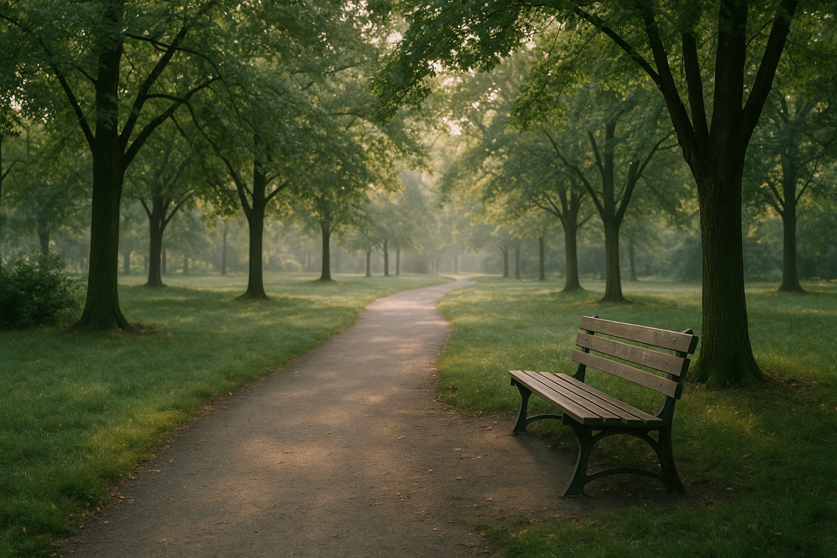 Ruhiger Parkweg im Morgenlicht mit Bäumen und einer Holzbank als Sinnbild für Bewegung als Ausgleich