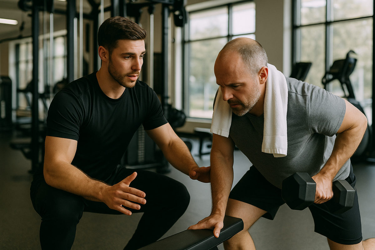 Personal Fitnesstrainer korrigiert die Übungsausführung einer Kundin im Fitnessstudio
