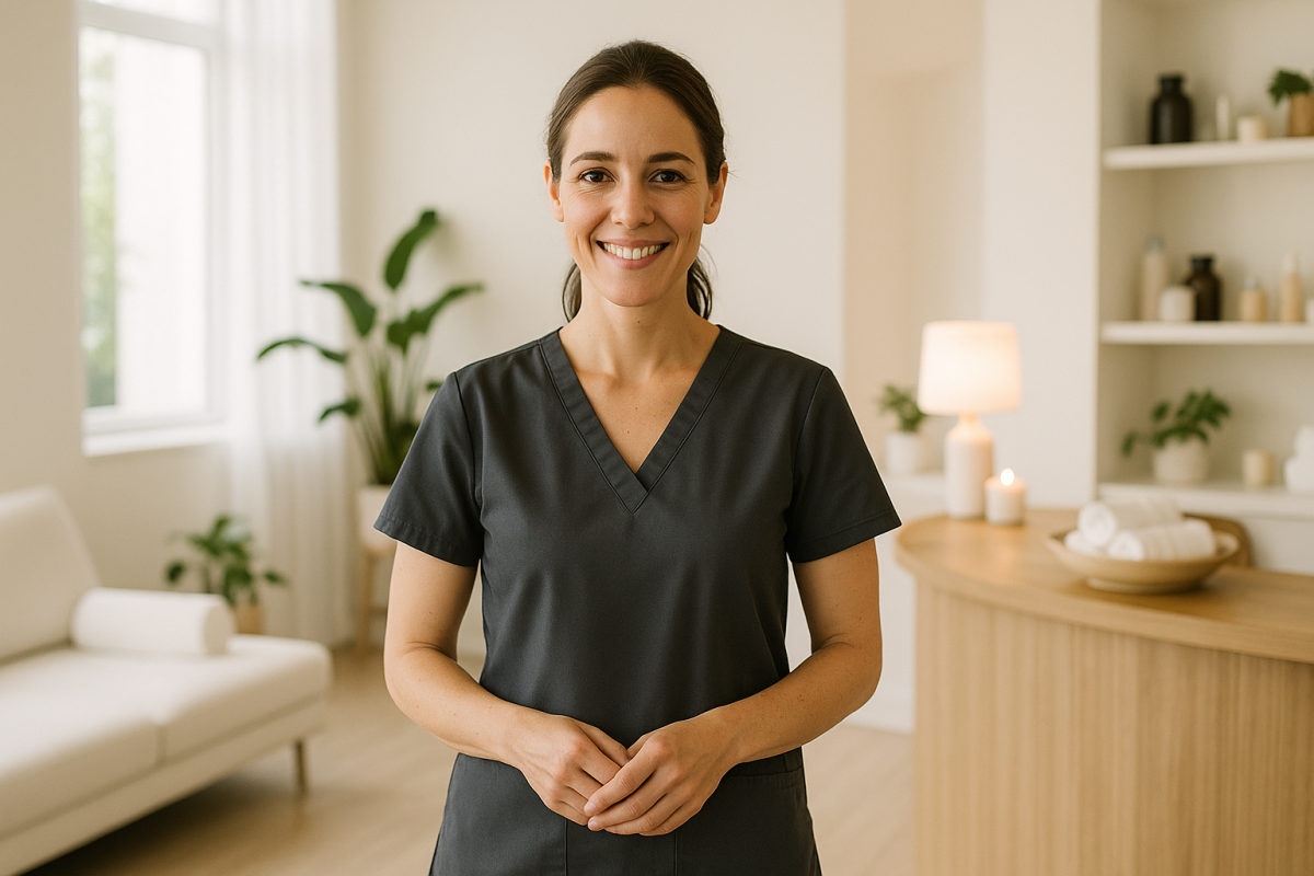 Freundliche Wellnesstrainerin in einem hellen, modernen Spa-Empfangsbereich