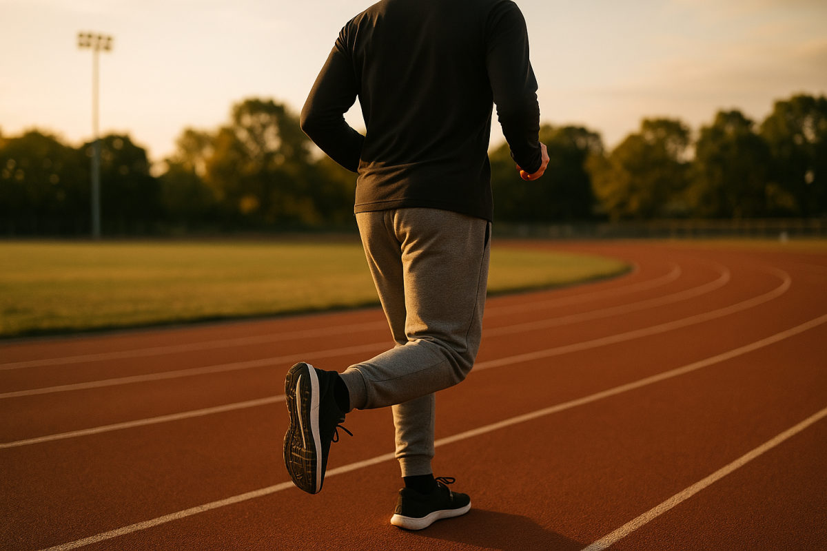 Person beim Ausdauerlauf auf einer Outdoor-Laufbahn im Abendlicht