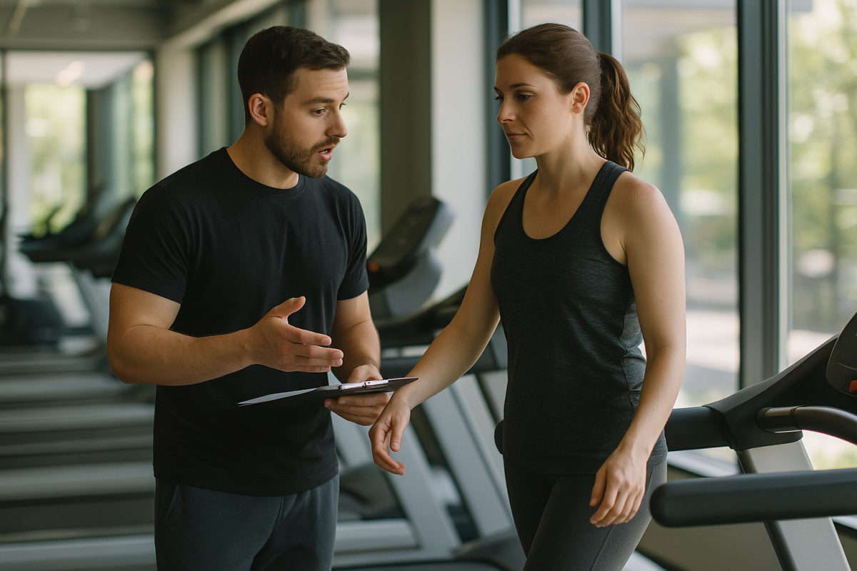 Personal Trainer mit Klemmbrett betreut eine Kundin beim Ausdauertraining auf dem Laufband