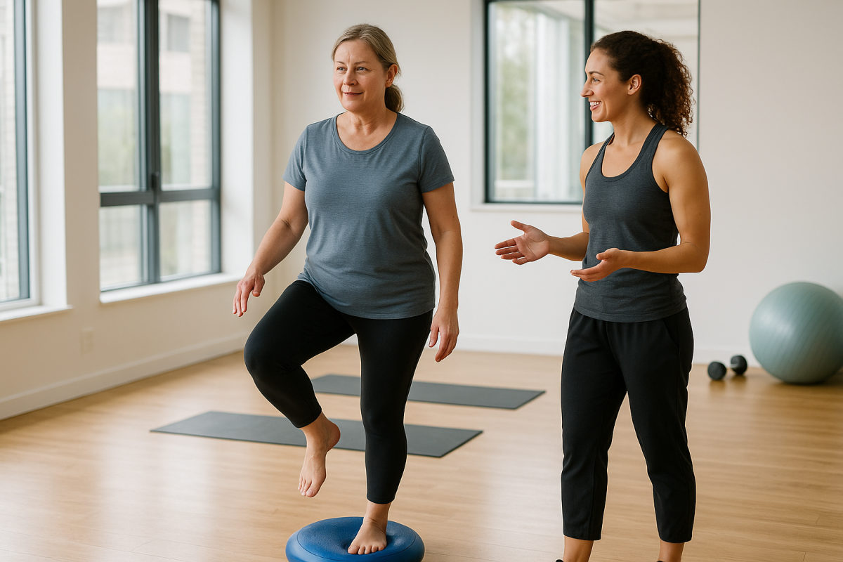 Frau übt den Einbeinstand auf einem Balance-Pad, angeleitet von einer Fitnesstrainerin im Studio