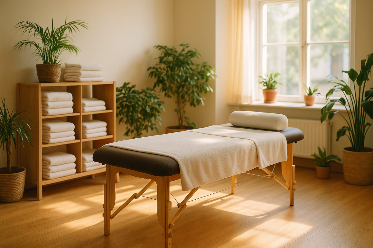 Heller, einladender Schulungsraum mit Massageliege, frischen Handtüchern und Pflanzen als Sinnbild für eine gut betreute Massage-Ausbildung