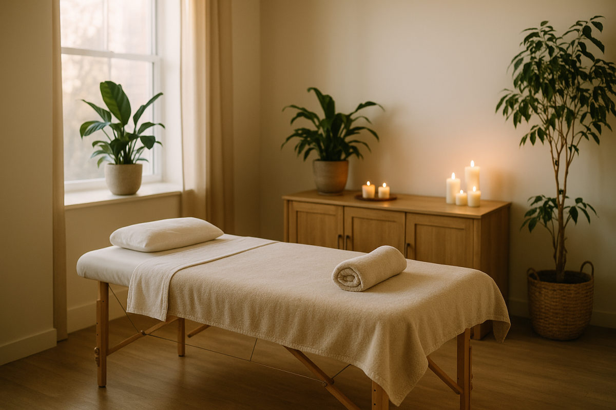 Modern eingerichteter Wellness-Behandlungsraum mit vorbereiteter Massageliege, Pflanzen und warmem Licht