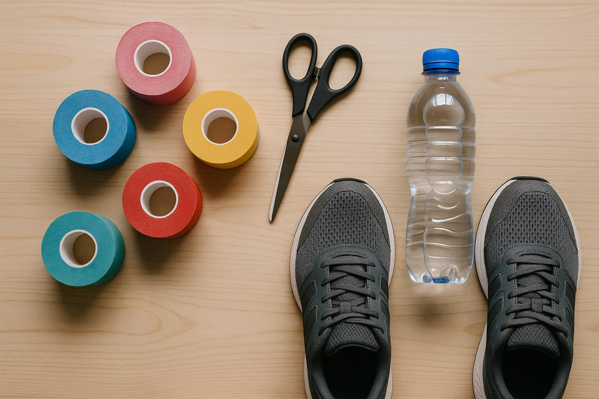 Bunte Kinesiologie-Tape-Rollen mit Schere, Wasserflasche und Laufschuhen auf hellem Holztisch