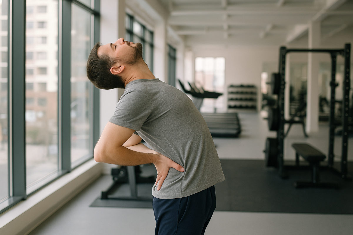 Person macht eine sanfte stehende Rückendehnung in einem hellen modernen Fitnessstudio