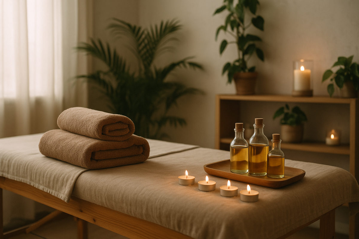 Ruhiger Wellness-Raum mit Massageliege, gefalteten Handtüchern, Massageölen in Glasflaschen und Kerzen