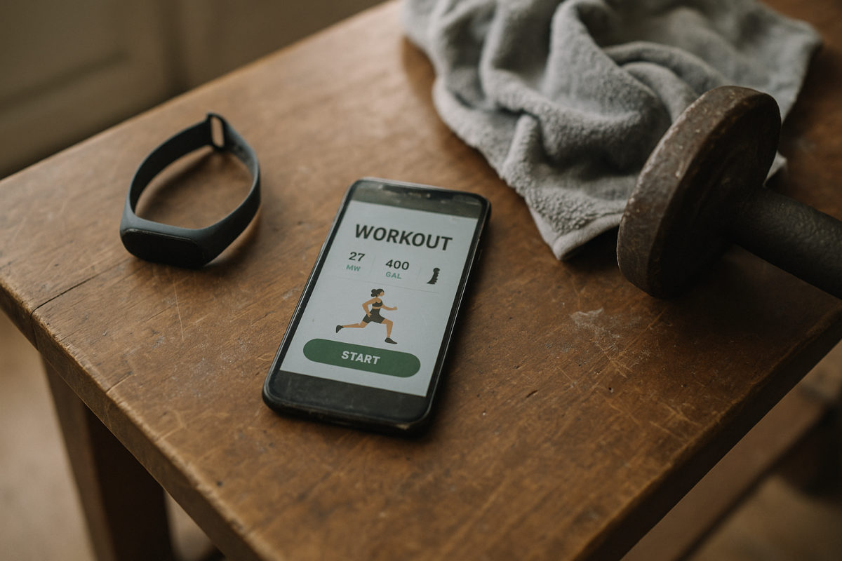 Smartphone mit Trainings-App, Fitness-Tracker, Hantel und Handtuch auf einer abgenutzten Holzbank