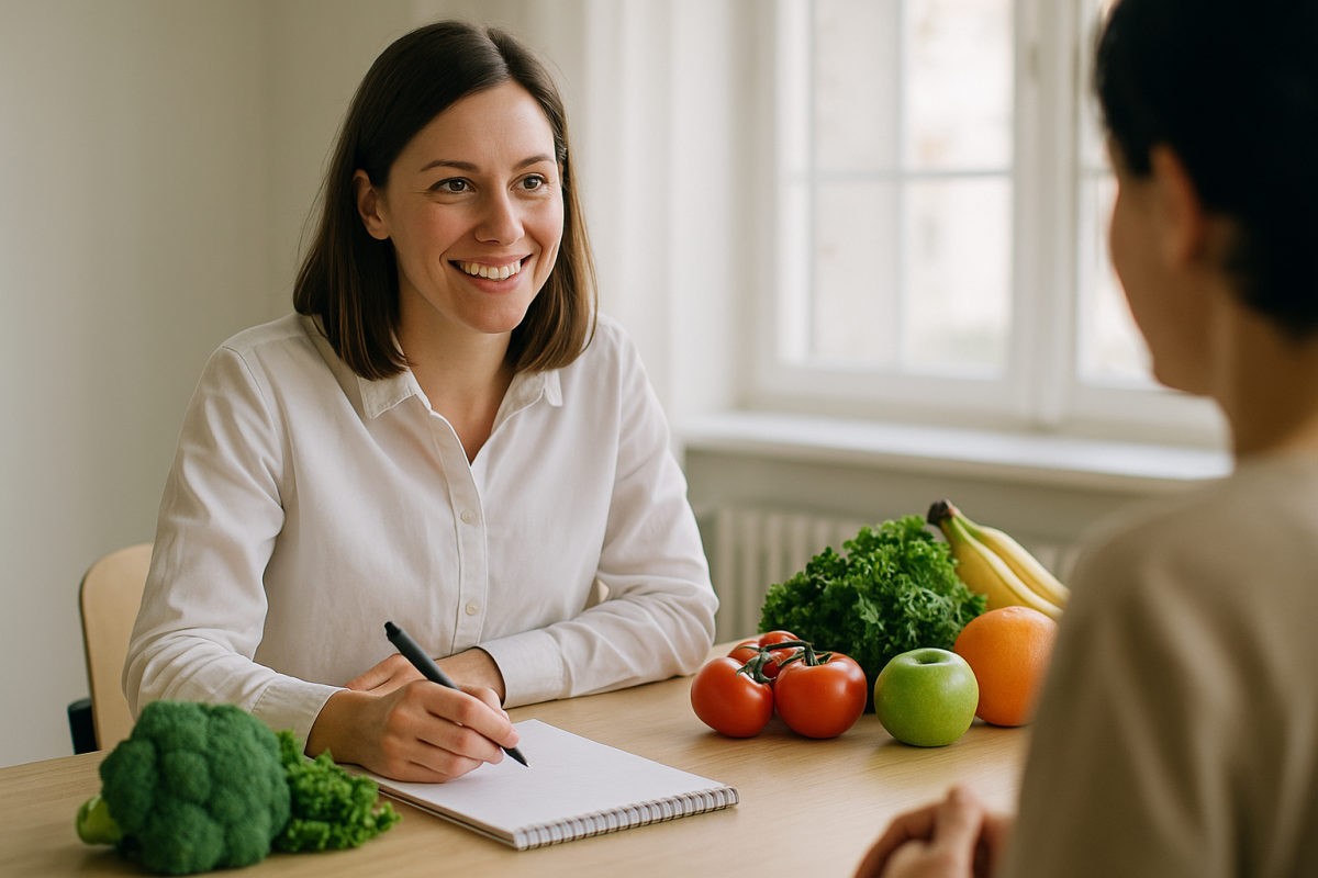 Ernährungsberaterin mit frischem Gemüse, Obst und Notizbuch im Beratungsgespräch