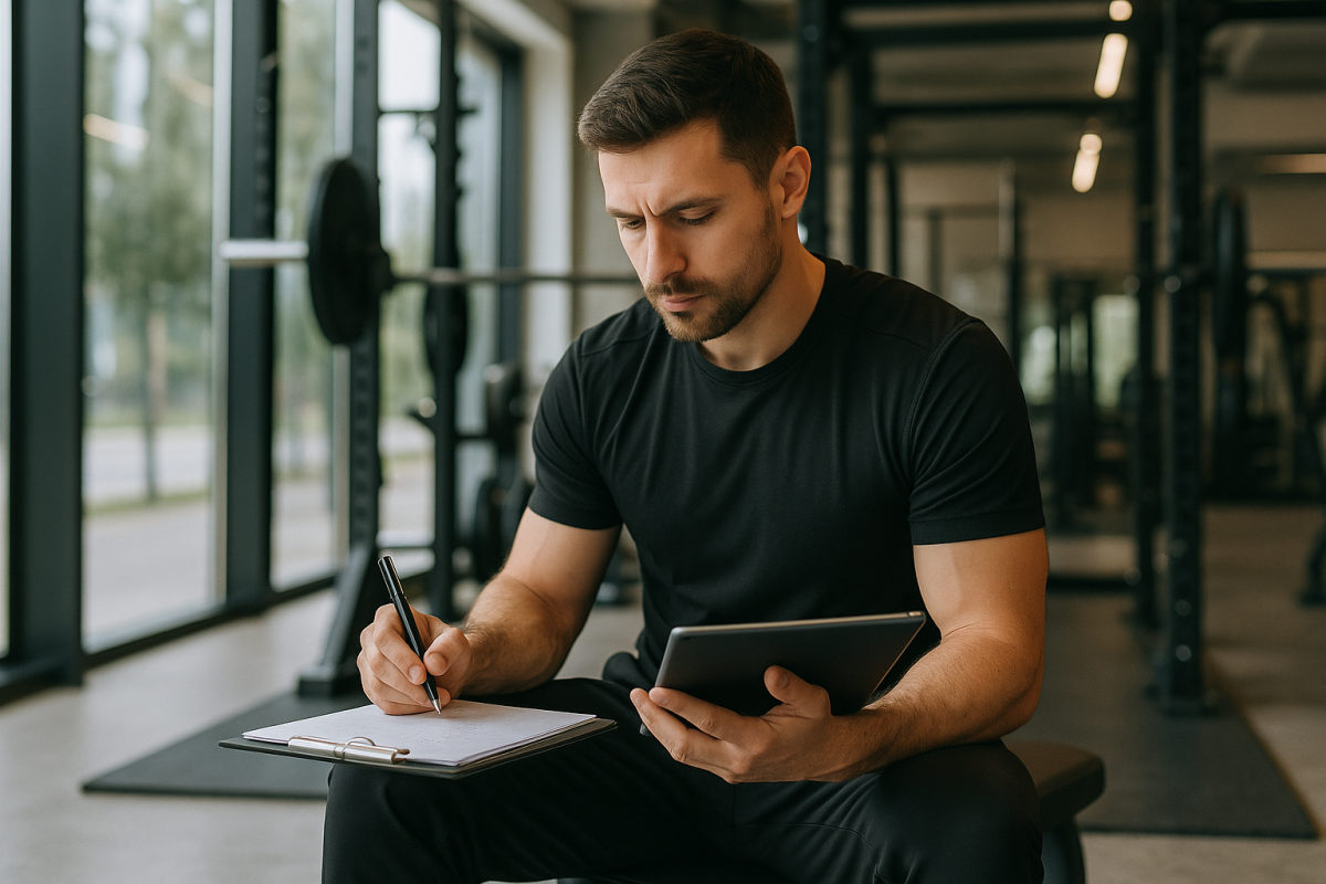 Fitnesstrainer erstellt mit Tablet und Notizen einen individuellen Trainingsplan im Fitnessstudio