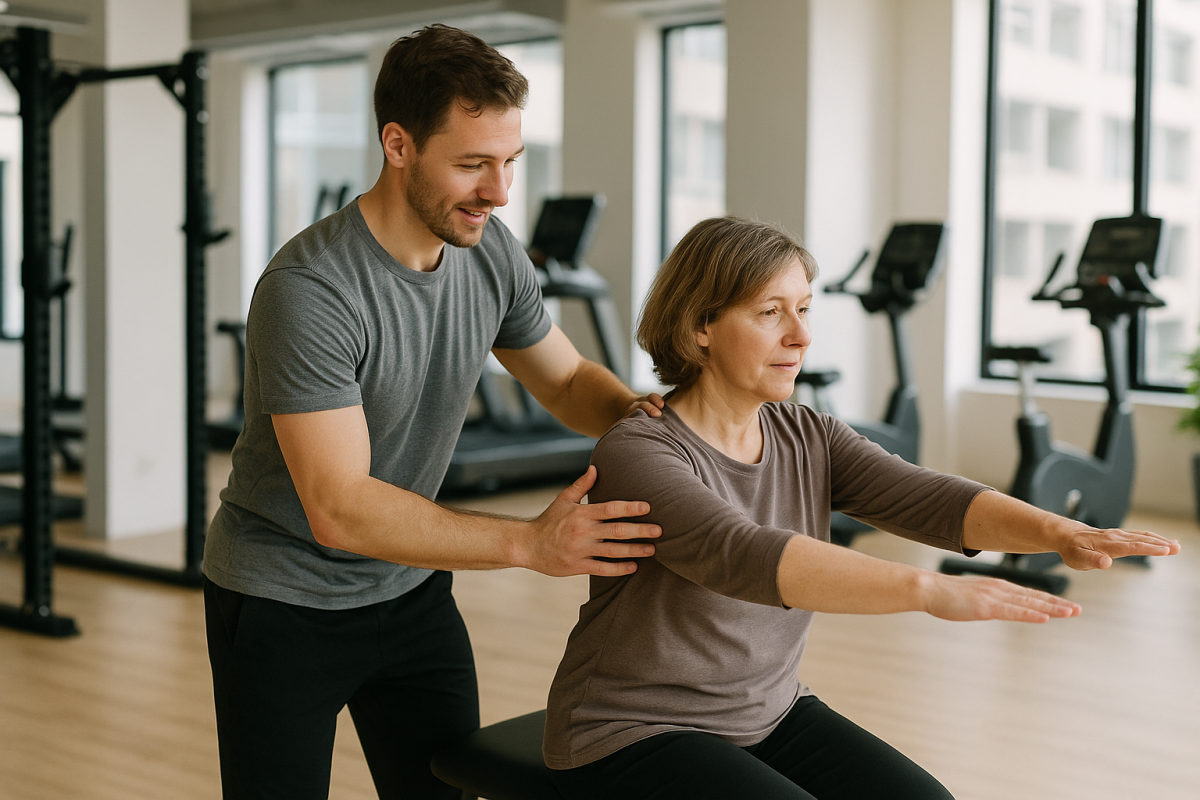 Fitnesstrainer begleitet eine Kundin bei einer kontrollierten Übung für gesundheitsorientiertes Training