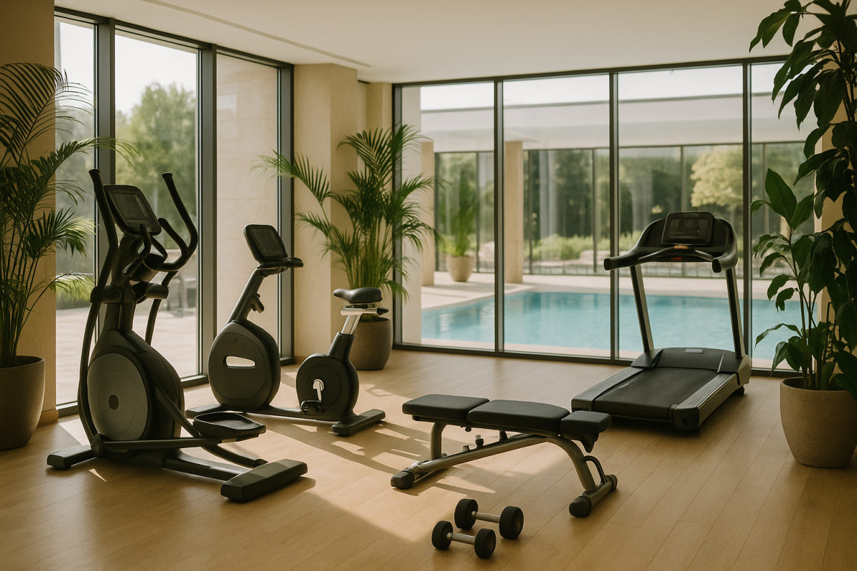 Heller Fitnessbereich eines Hotel-Spa mit modernen Geräten, Pflanzen und Blick auf den Pool