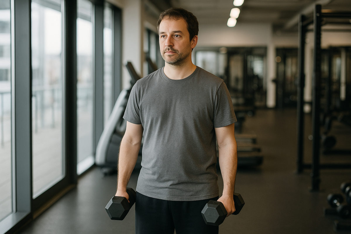 Person steht entspannt mit zwei Kurzhanteln in einem modernen Fitnessstudio