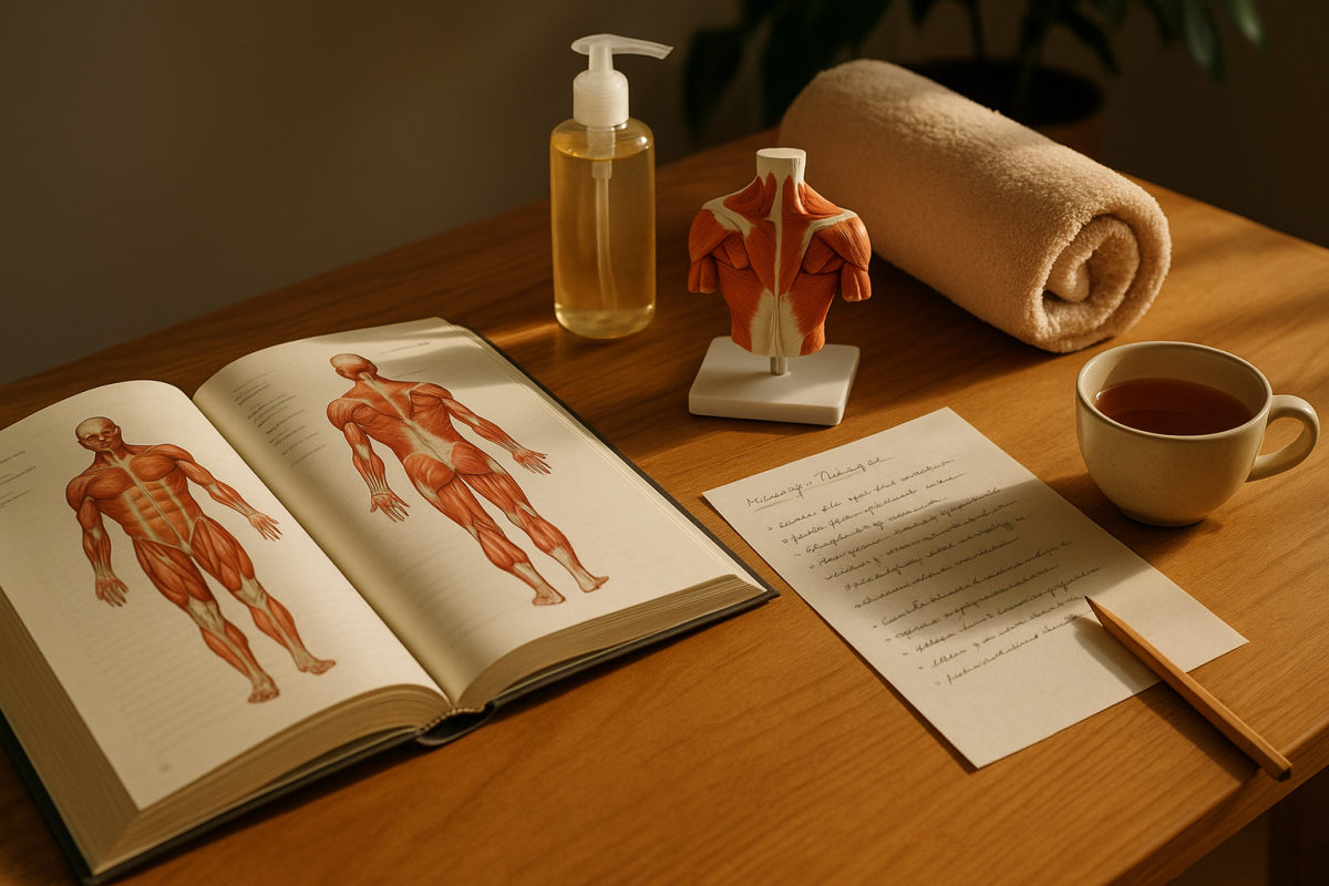 Lernplatz einer Massageausbildung mit Anatomiebuch, Notizen, Muskelmodell, Massageöl und Handtuch