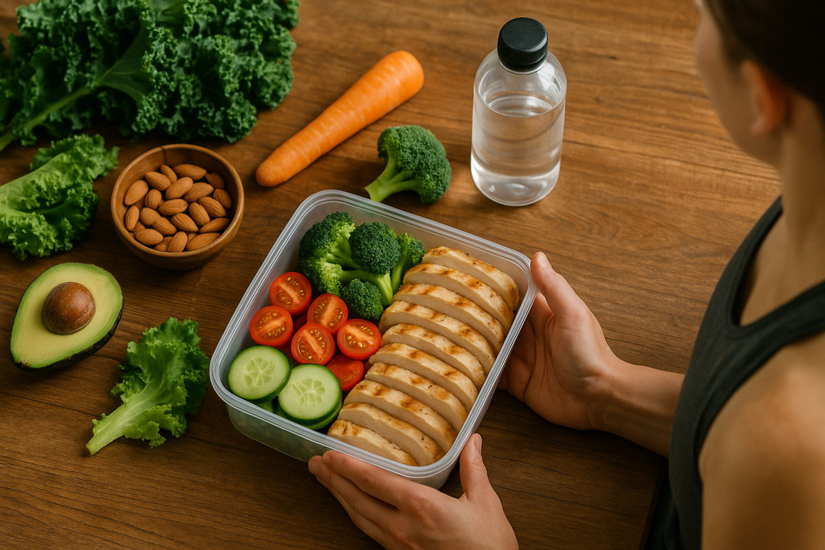 Gesunde Mahlzeit mit Gemüse, magerem Eiweiß, Nüssen und Wasser auf einem Holztisch als Grundlage der Sporternährung