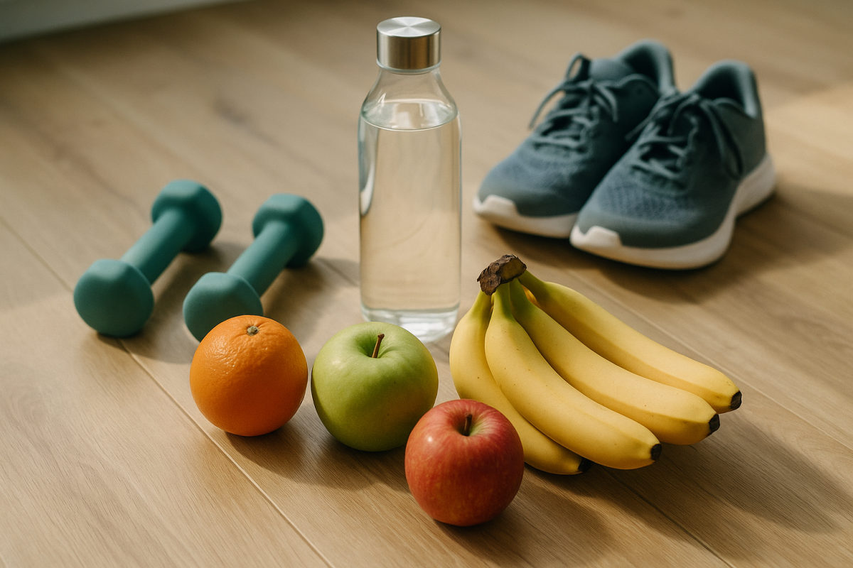 Gesunder Lebensstil: Obst, Wasserflasche, Hanteln und Laufschuhe auf hellem Holzboden als Symbol für Prävention