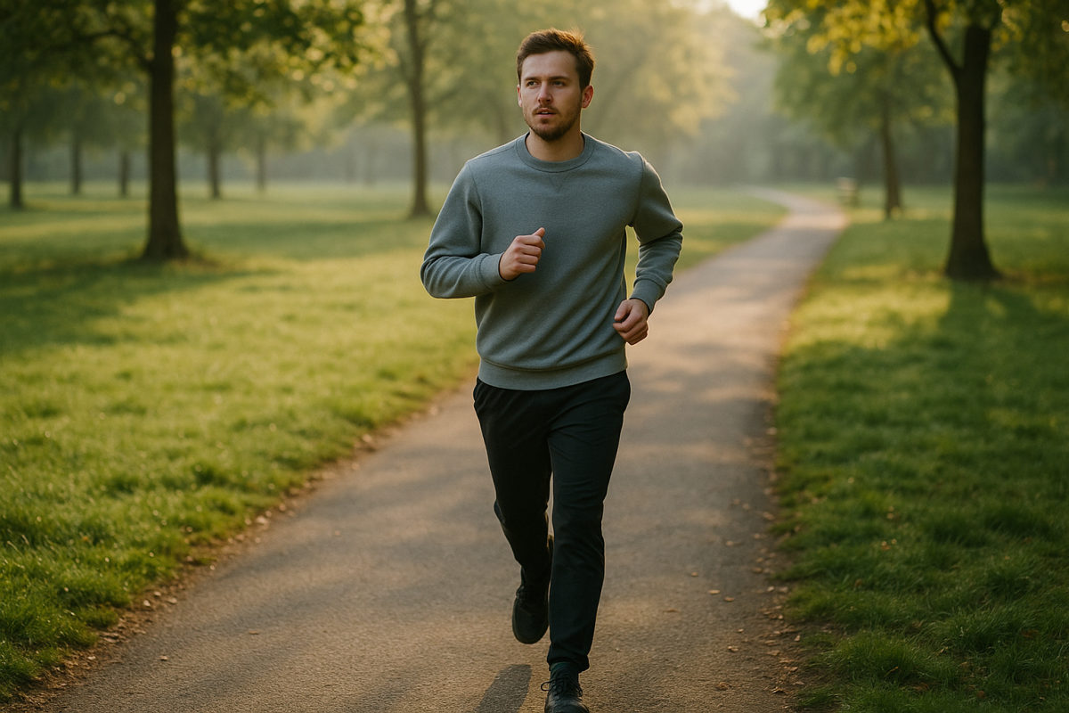 Läuferin joggt bei sanftem Morgenlicht auf einem Weg im Park beim Ausdauertraining
