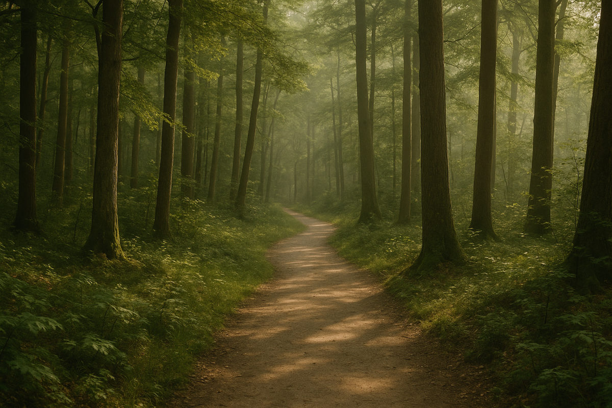 Ruhiger Waldweg im weichen Morgenlicht mit hohen Bäumen und Lichtflecken als Kulisse für achtsames Outdoor-Training