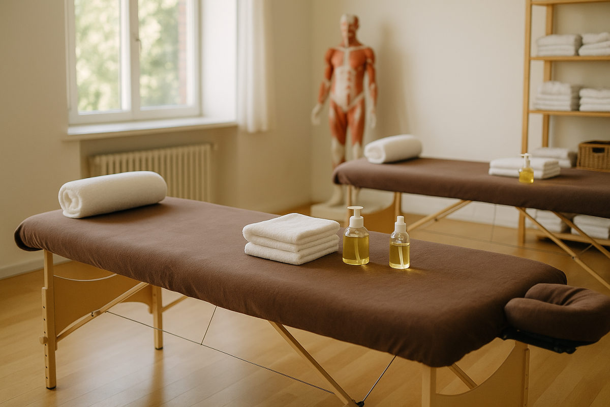 Massage-Schulungsraum mit zwei vorbereiteten Massageliegen, Handtüchern und Ölen für praktisches Üben