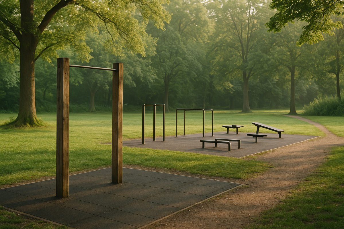 Outdoor-Fitness-Platz mit Klimmzugstange in einem grünen Park im Morgenlicht
