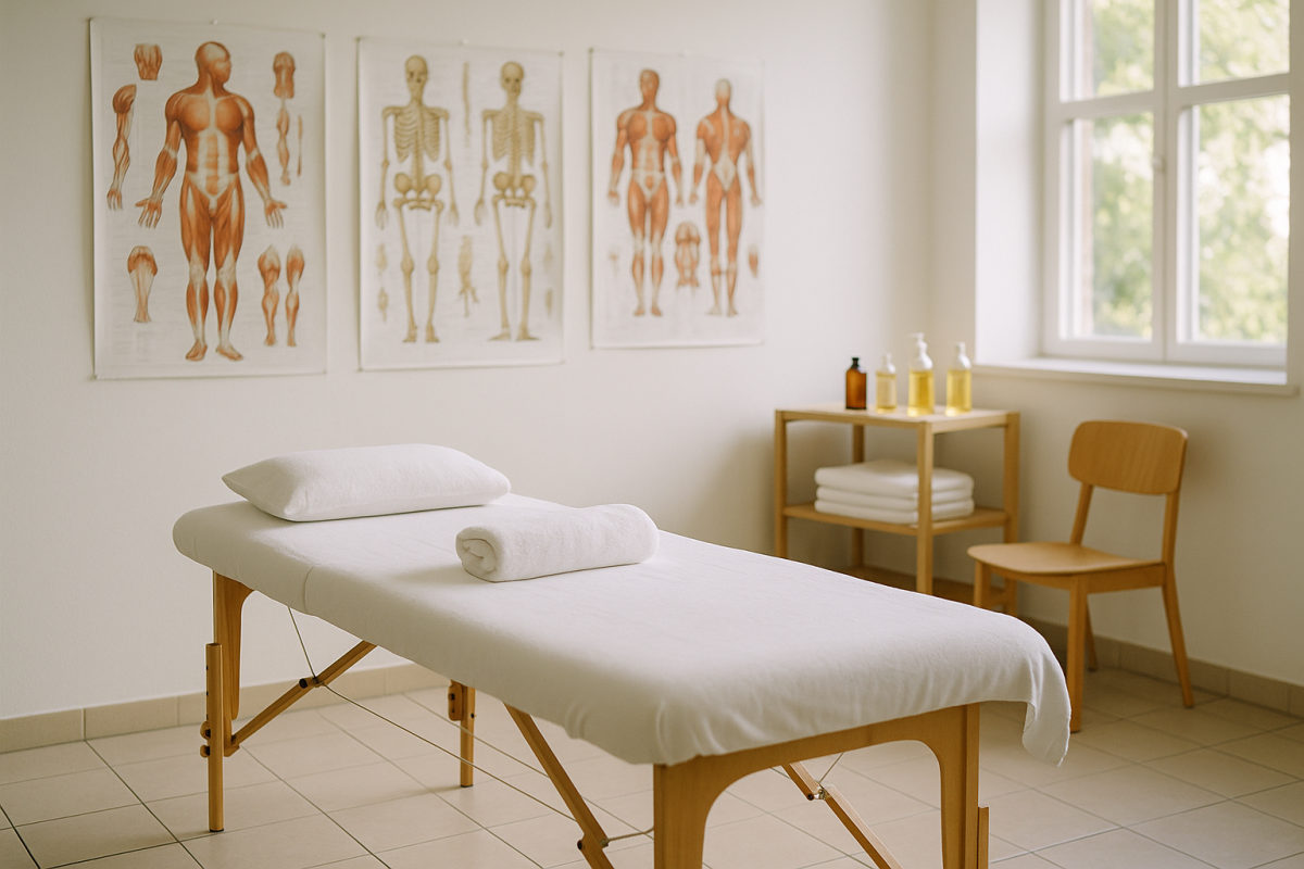 Heller Ausbildungsraum mit Massageliege, sauberen Tüchern, Anatomietafeln und Massageölen