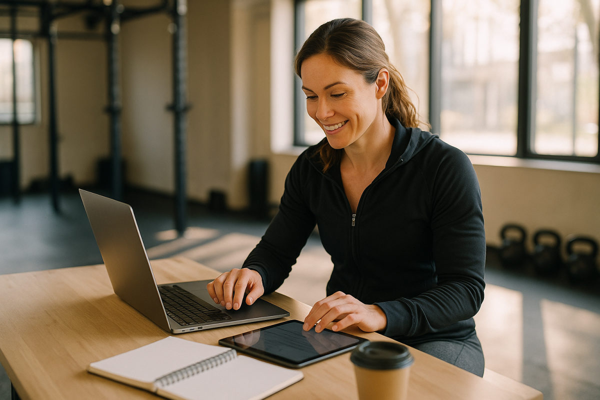 Fitnesstrainerin plant im Studio am Laptop ihr Marketing und die Kundenbetreuung