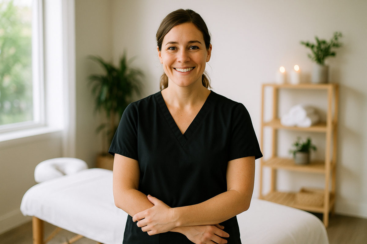 Freundliche Masseurin in einer hellen Wellnesspraxis als Sinnbild für die berufliche Chance einer Massage-Ausbildung