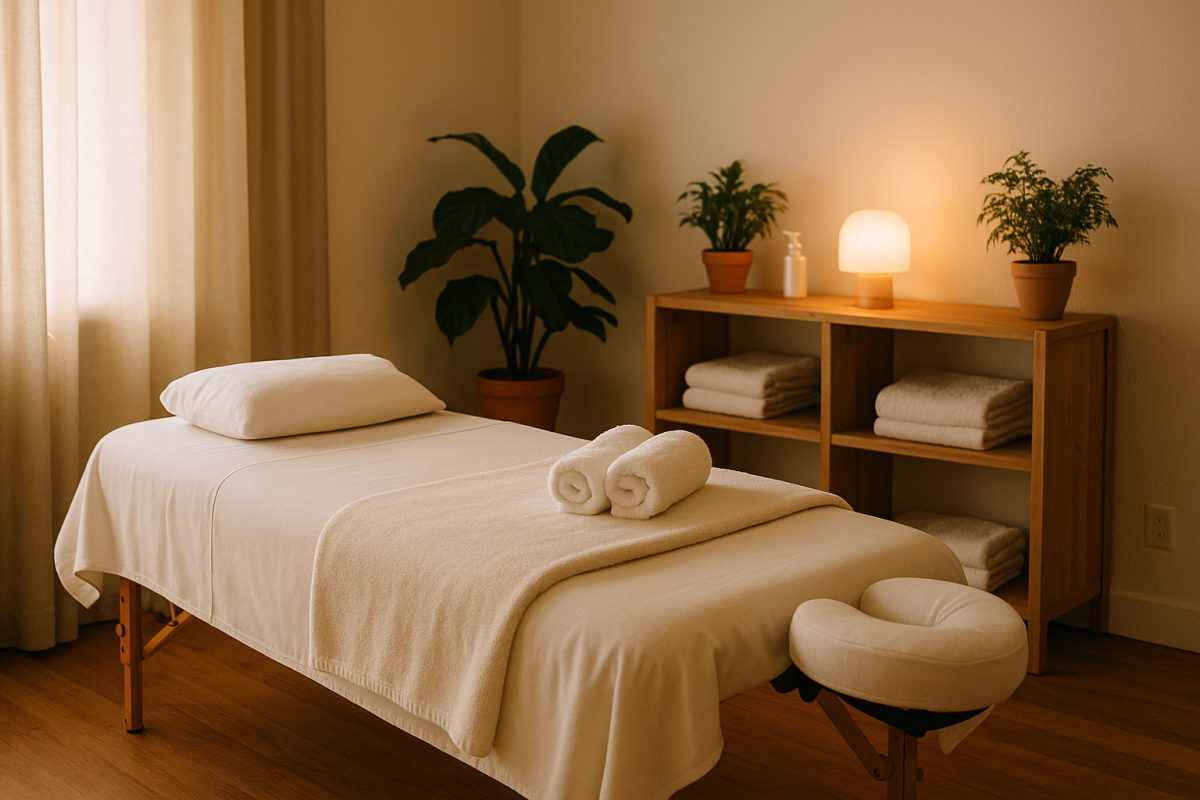 Ruhiger, professionell eingerichteter Massageraum mit vorbereiteter Massageliege, frischer Bettwäsche und warmem Licht