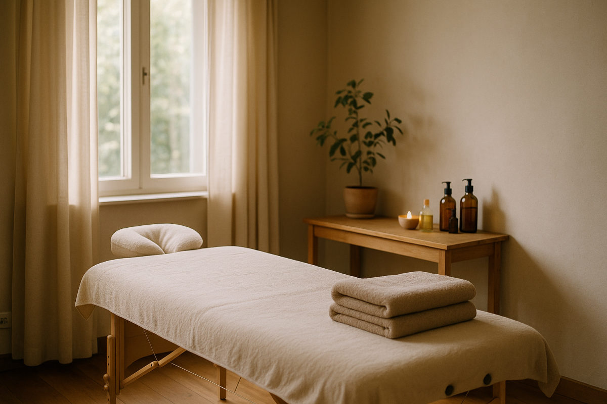 Ruhiger Wellness-Massageraum mit vorbereiteter Massageliege, warmen Handtüchern und Ölen für eine entspannende Schultermassage