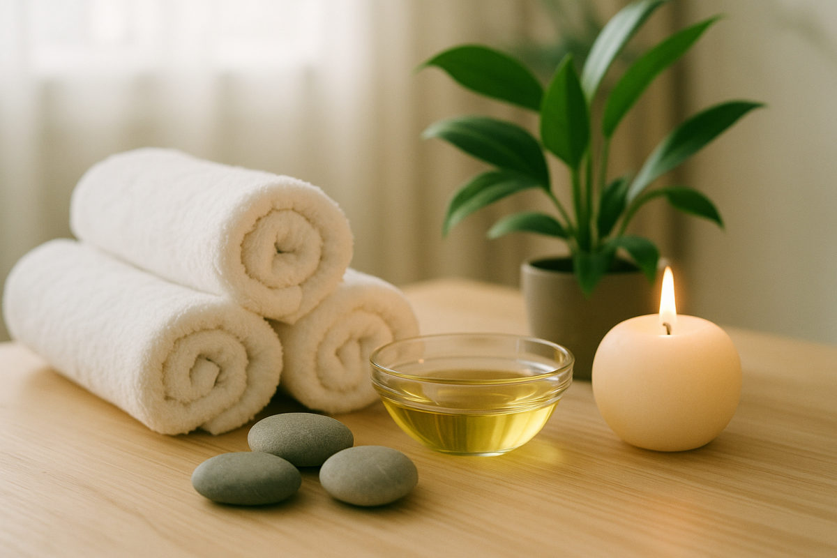 Entspannende Wellness-Szene mit Handtüchern, Massageöl, Steinen und Kerze auf hellem Holztisch