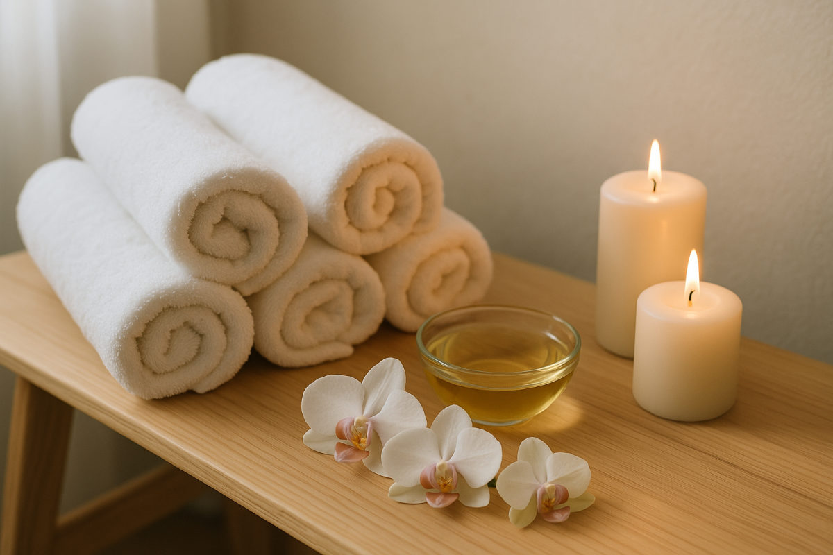 Gerollte weiße Handtücher, eine Schale Massageöl, Orchideenblüten und Kerzen auf einer hellen Holzbank in ruhiger Wellness-Atmosphäre