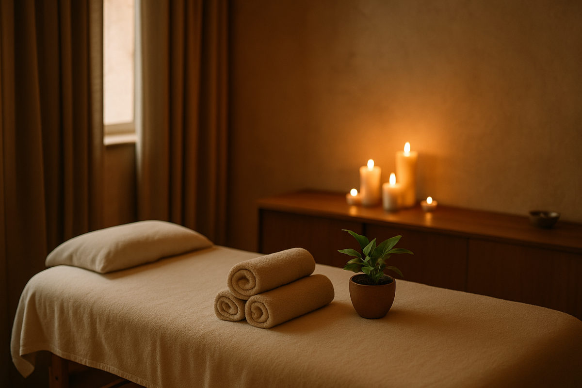 Ruhiger Massageraum mit Liege und Handtuechern
