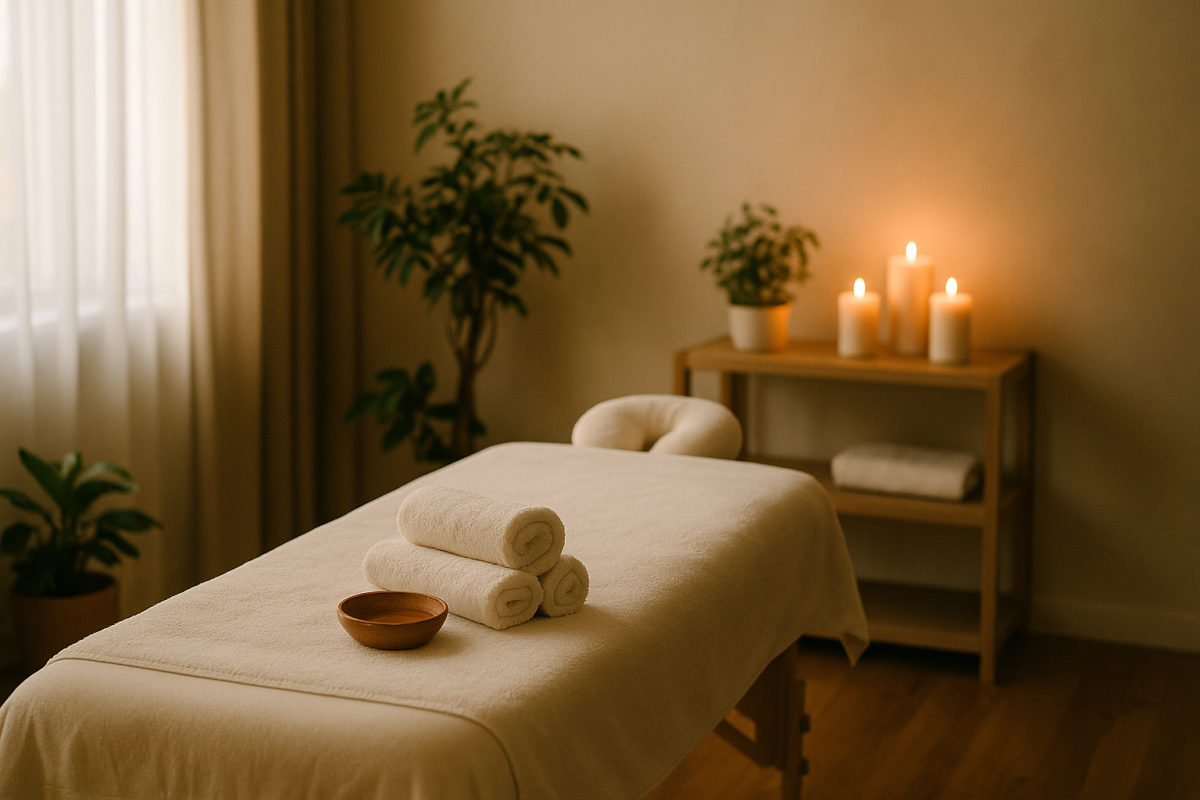 Ruhiger Massageraum mit vorbereiteter Massageliege, warmem Licht, gefalteten Tüchern und Kerzen