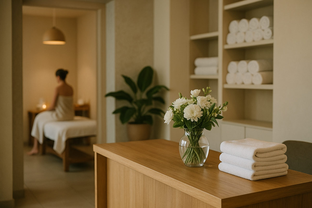 Einladender, aufgeräumter Empfangsbereich einer Massagepraxis mit frischen Blumen und weichen Handtüchern