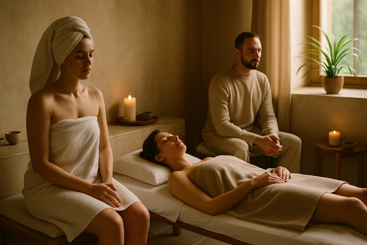 Achtsame Rückenmassage in einer ruhigen Wellness-Umgebung, Hände der Masseurin bei einer entspannenden Streichung