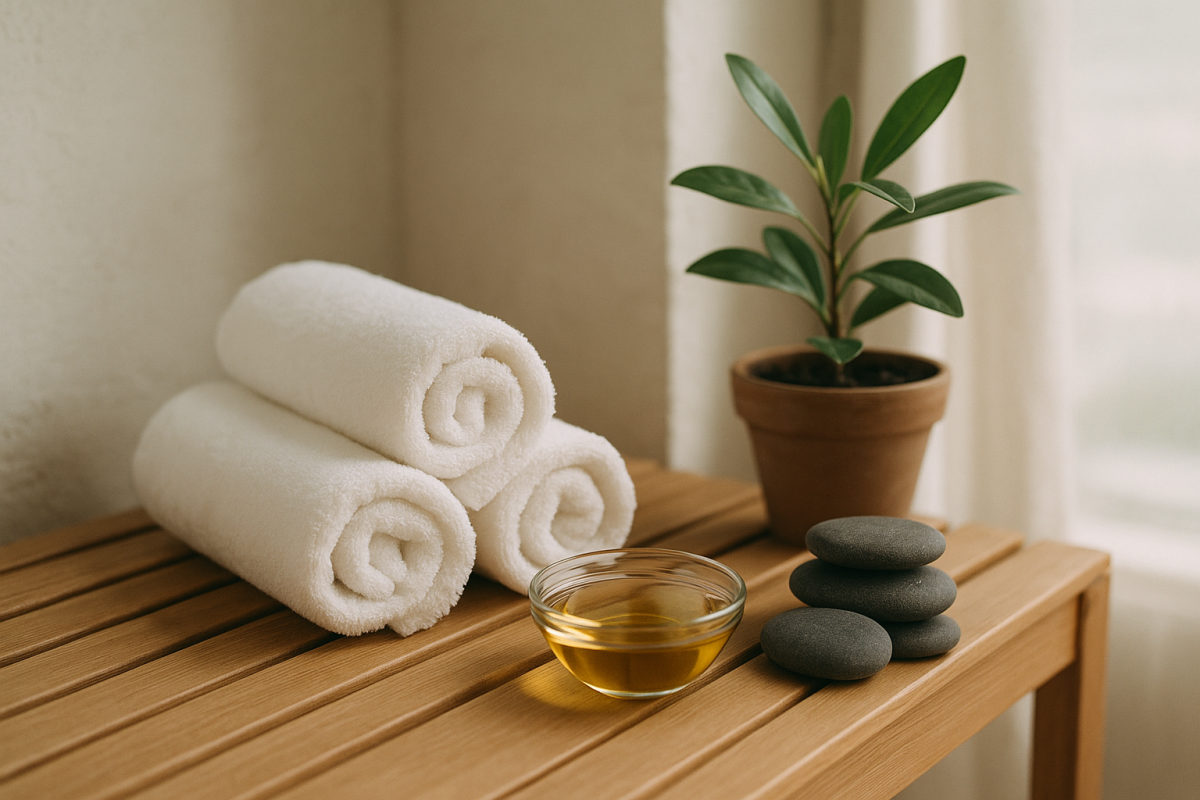 Ruhiges Wellness-Stillleben mit gerollten weißen Handtüchern, Massageöl und glatten Steinen auf einer Holzbank