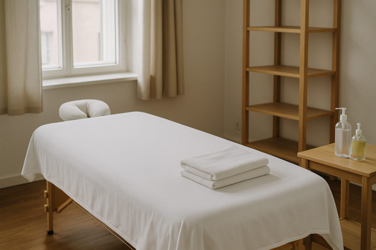 Aufgeräumter Massageraum mit frisch bezogener Liege, gefalteten Handtüchern, Massageöl und Desinfektionsmittel auf dem Beistelltisch