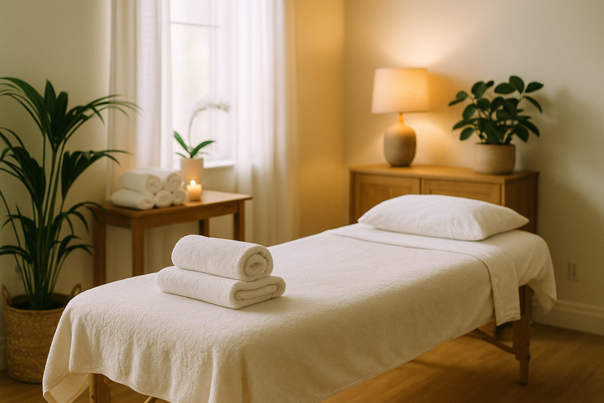 Hell und einladend eingerichteter Wellness-Behandlungsraum mit frisch vorbereiteter Massageliege als Sinnbild für den Berufsstart nach der Masseur-Ausbildung