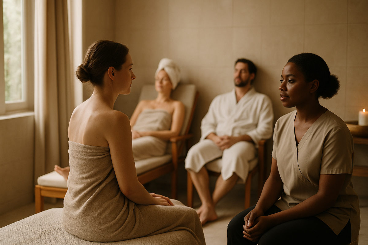 Wohltuende Rückenmassage in einem ruhigen Wellnessraum: Die Hände der Masseurin streichen entlang der Rückenmuskulatur, der Unterkörper ist mit einem weißen Handtuch abgedeckt