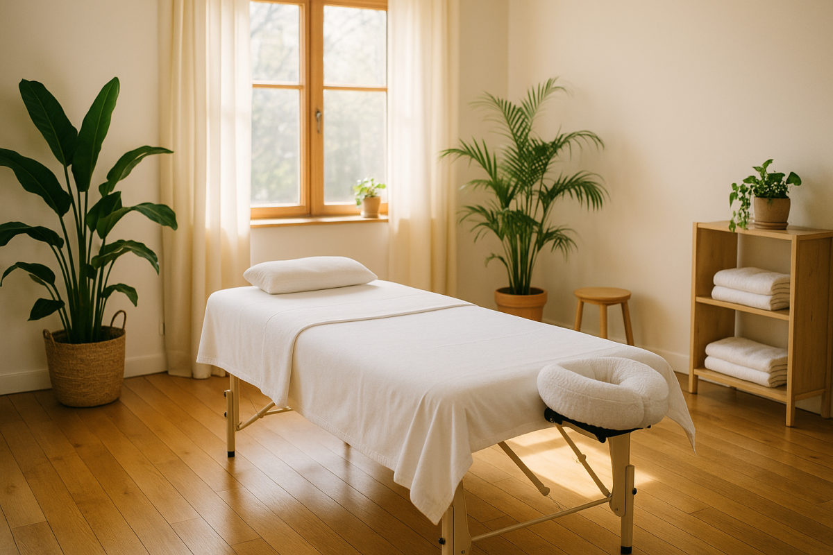 Heller Wellnessraum mit vorbereiteter Massageliege als Sinnbild für den beruflichen Neustart nach der Massage-Ausbildung