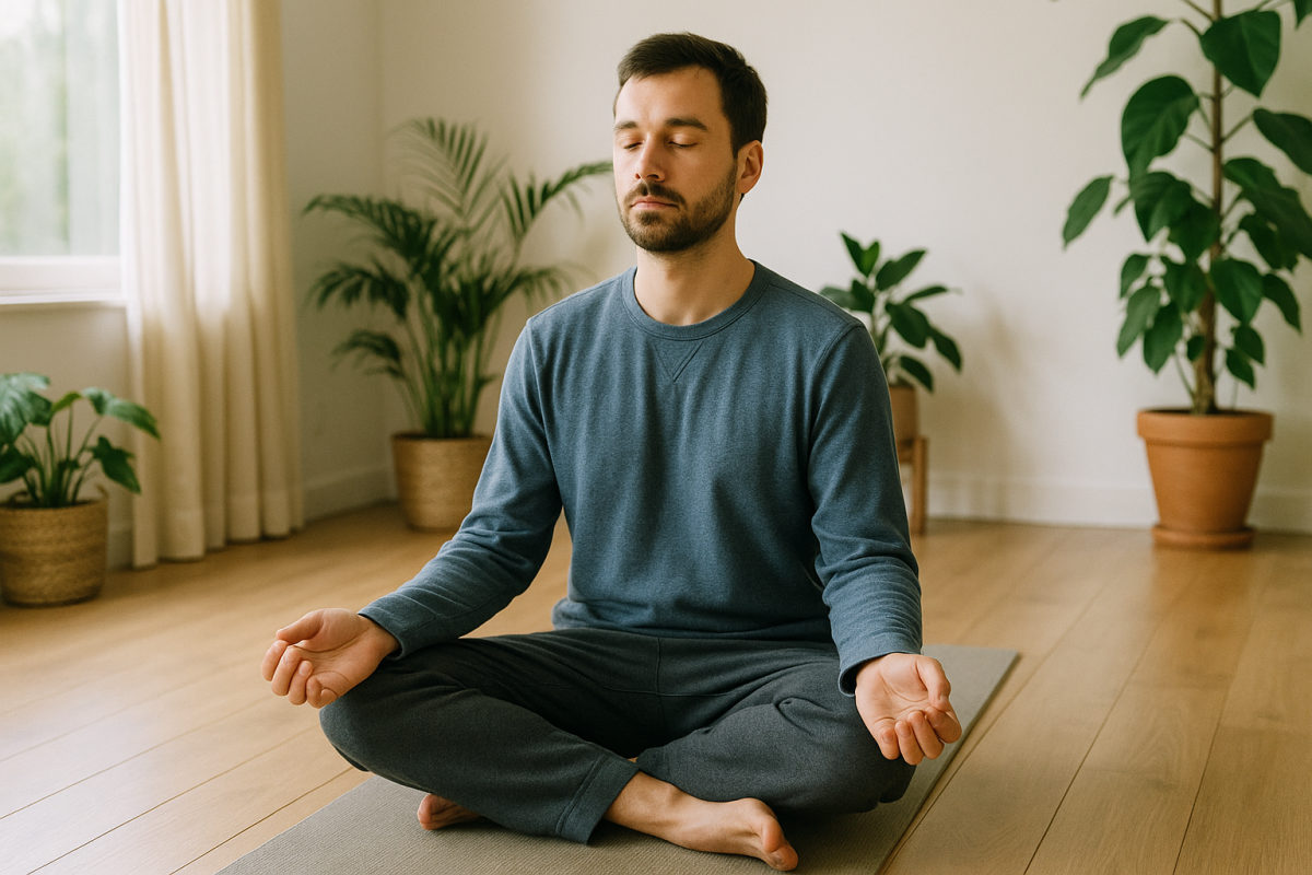 Person in ruhiger Yoga-Haltung auf der Matte in einem hellen Raum mit Pflanzen