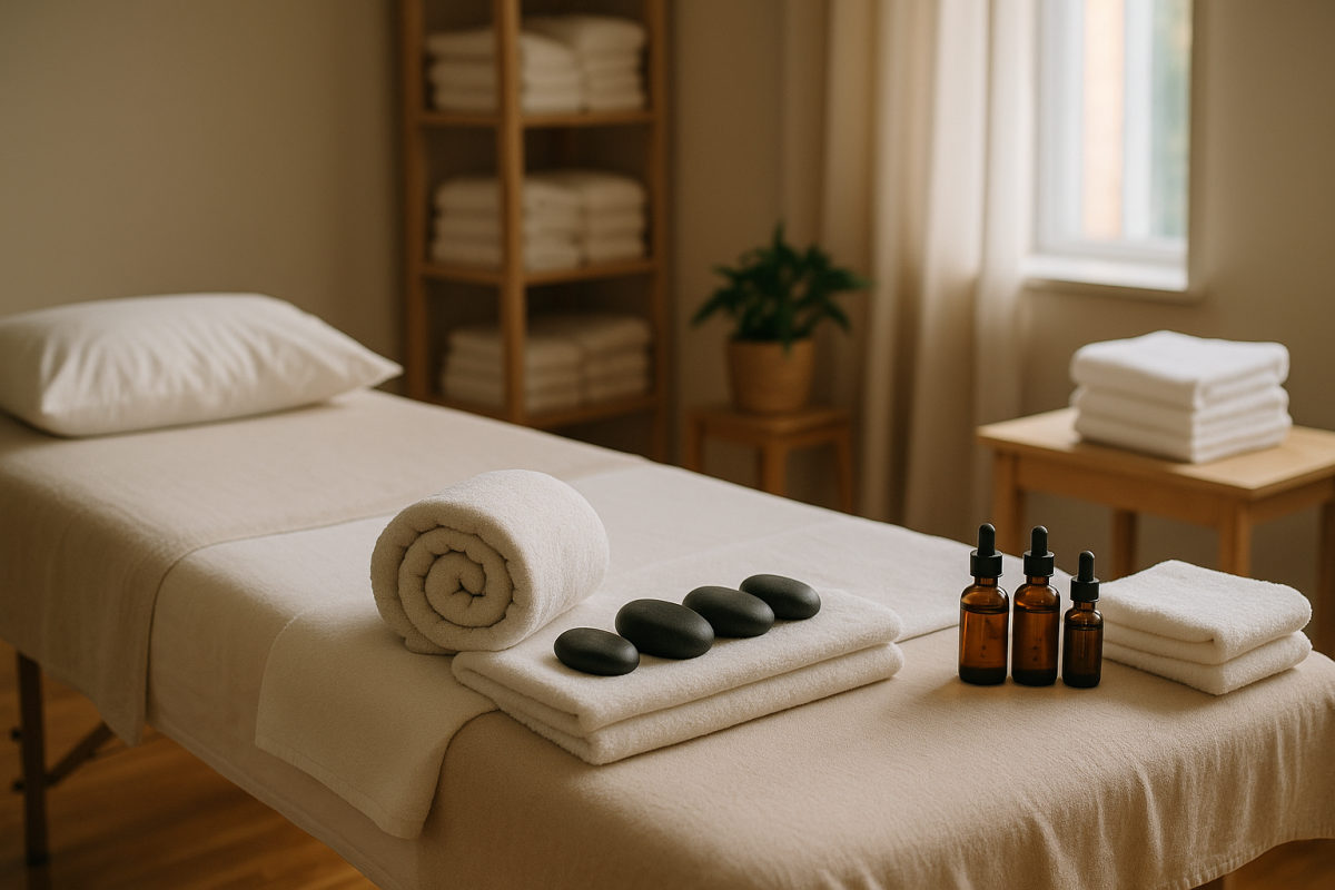 Vorbereiteter Seminarraum mit Massageliege, Handtüchern, Hot-Stone-Steinen und ätherischen Ölen für ein Zusatzseminar