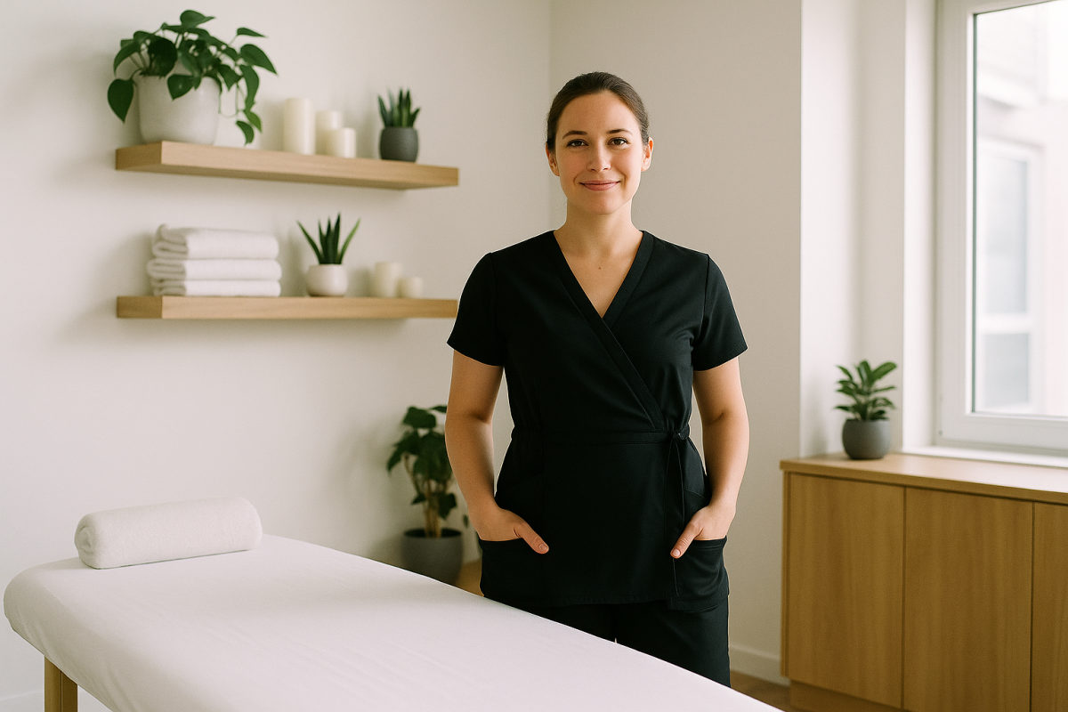 Selbstständige Masseurin steht in ihrer eigenen modernen Wellnesspraxis