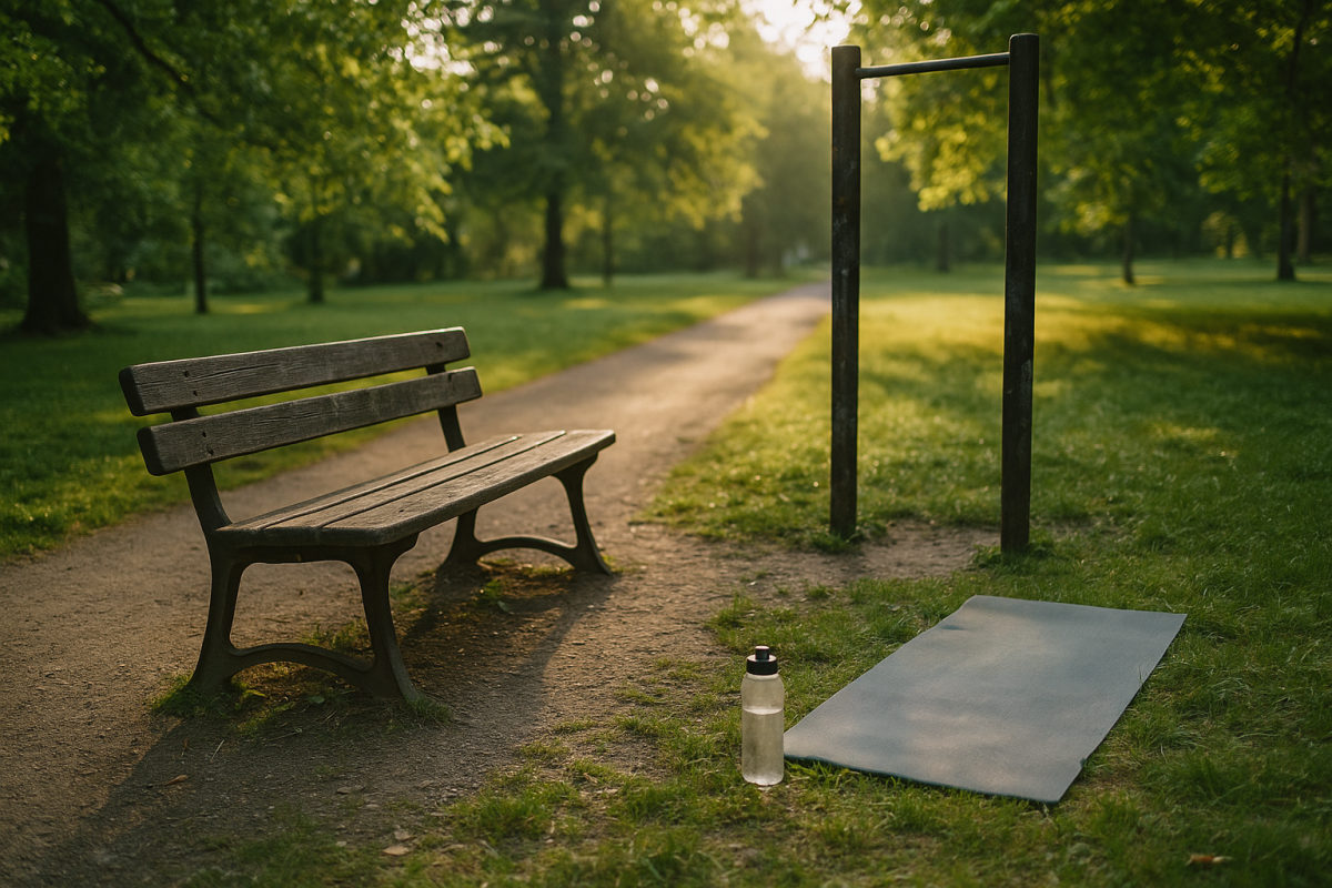 Sonniger Morgen im Park mit Parkbank, Klimmzugstange, ausgerollter Trainingsmatte und Trinkflasche