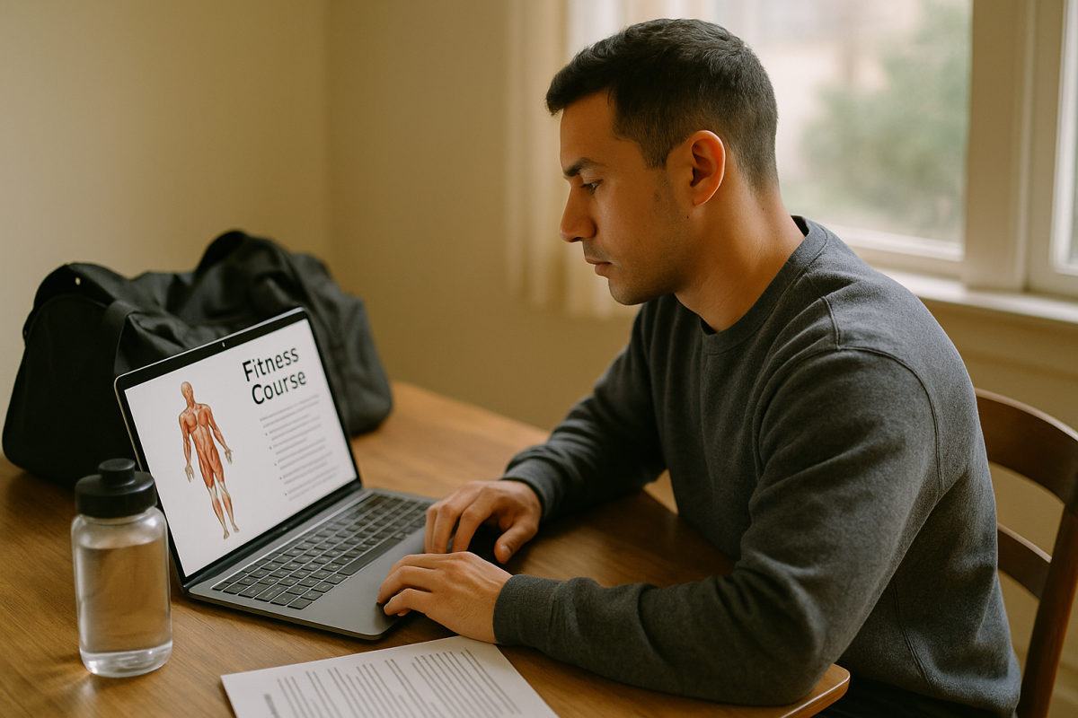 Berufstätige Person lernt am Schreibtisch mit Laptop für die Personal-Trainer-Ausbildung, Sporttasche und Wasserflasche daneben