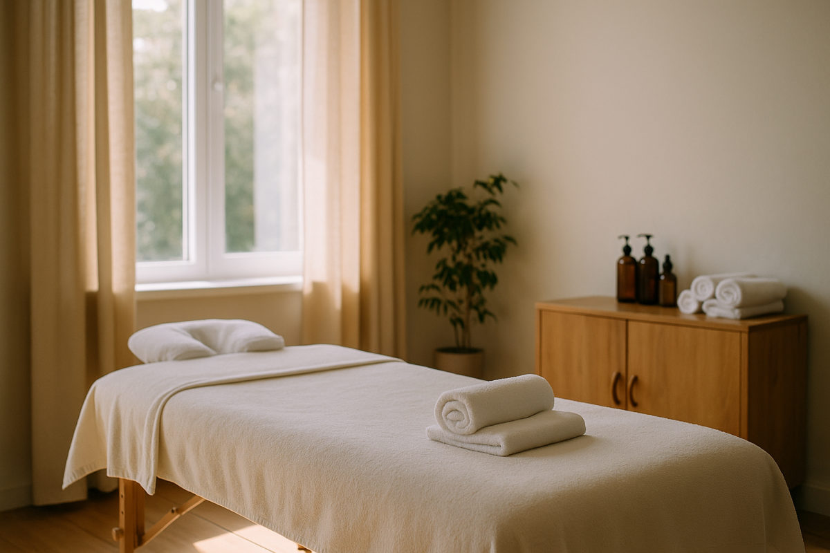 Ruhiger, professionell eingerichteter Massageraum mit vorbereiteter Massageliege, frischen Tüchern und Massageölen in warmem Licht