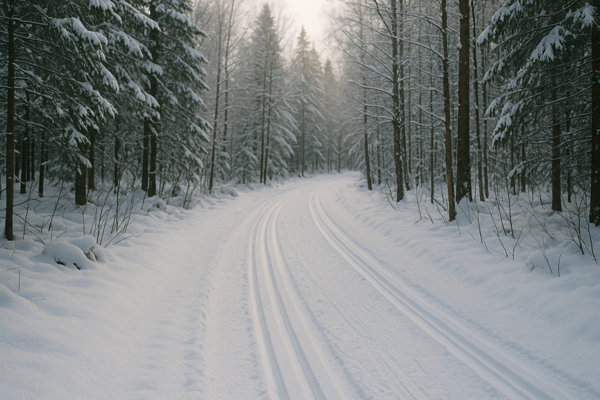 Frisch gespurte Langlaufloipe durch einen verschneiten Winterwald bei weichem Tageslicht