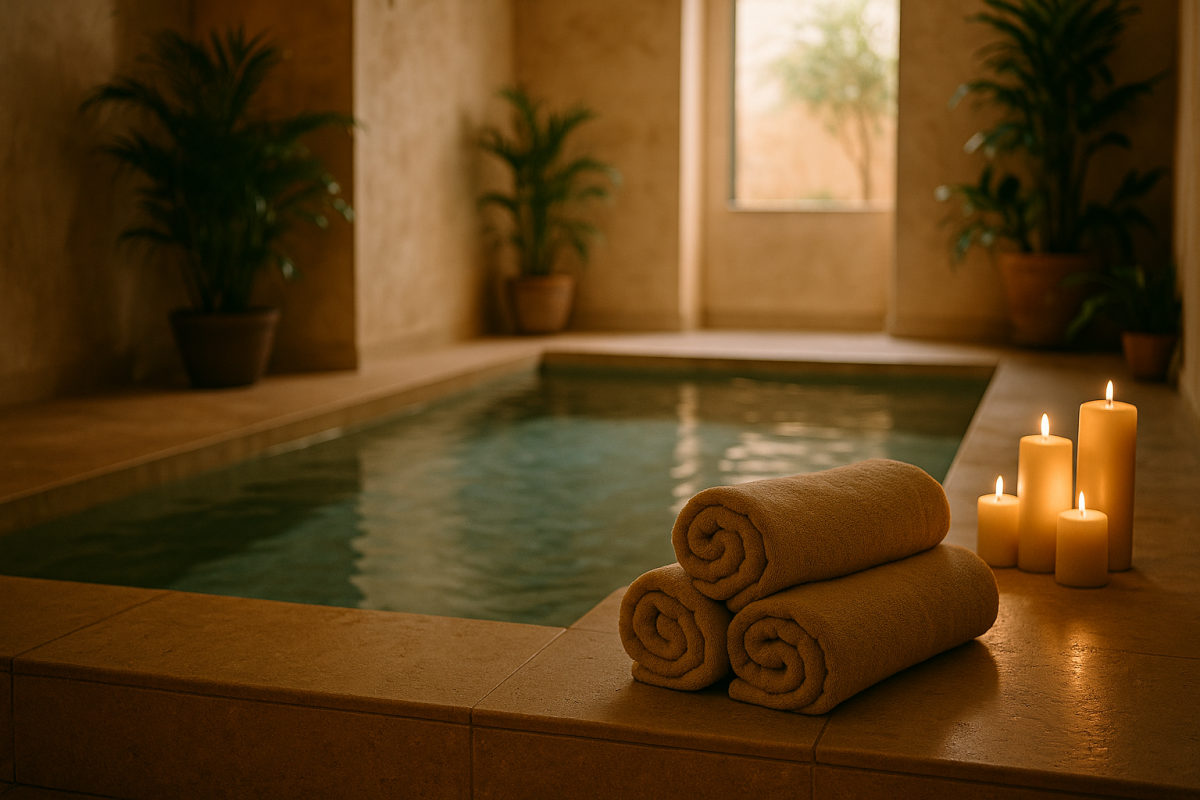 Ruhiger Spa-Bereich mit Entspannungspool, weichen Handtüchern, Kerzen und warmem Licht