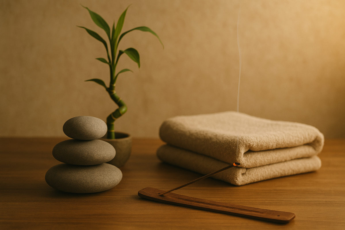 Ruhiges Wellness-Stillleben mit glatten Steinen, Bambus und gefaltetem Handtuch für fernöstliche Entspannung
